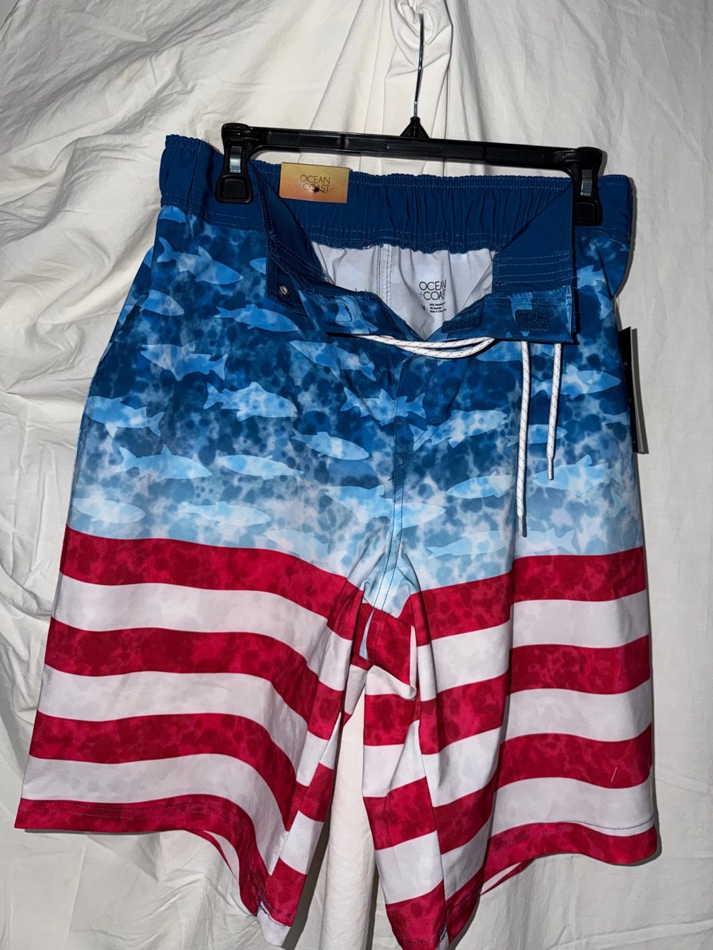 Ocean Coast Men's American Flag Swim Board Shorts - Blue, Red, White